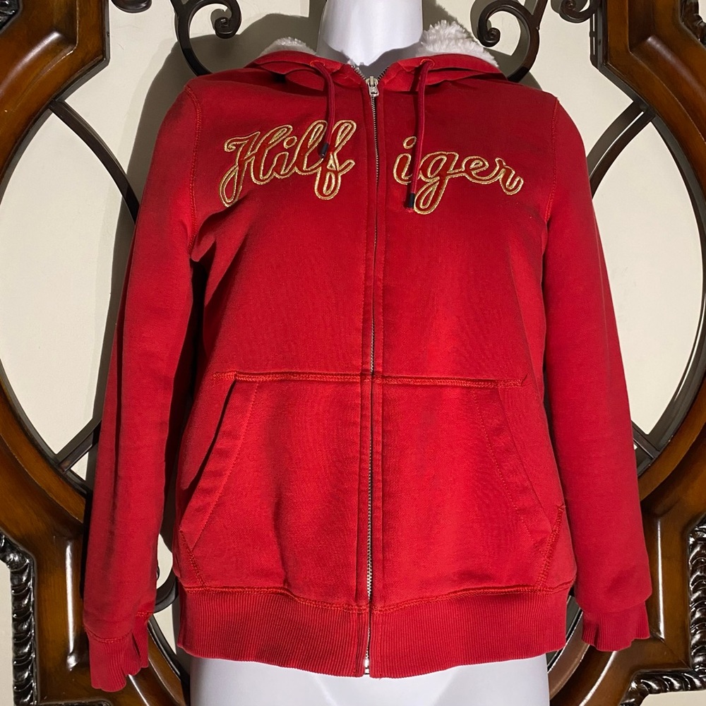 Tommy Hilfiger Red Faux Fur Fuzzy Full Zip Hoodie